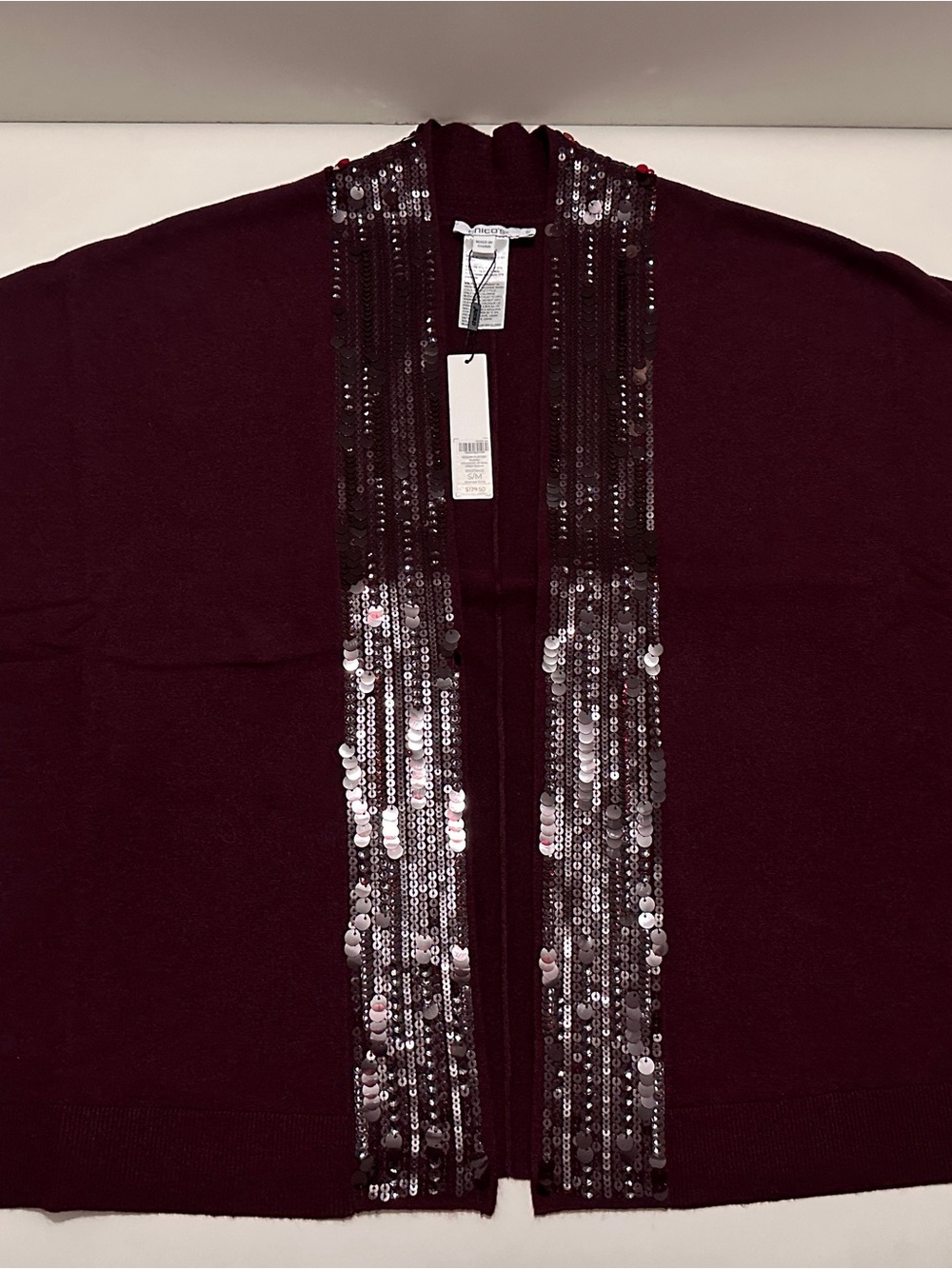 Chico's Purple Solid Knit Sequin Open Front Ruana Kimono Short Sleeve M/L